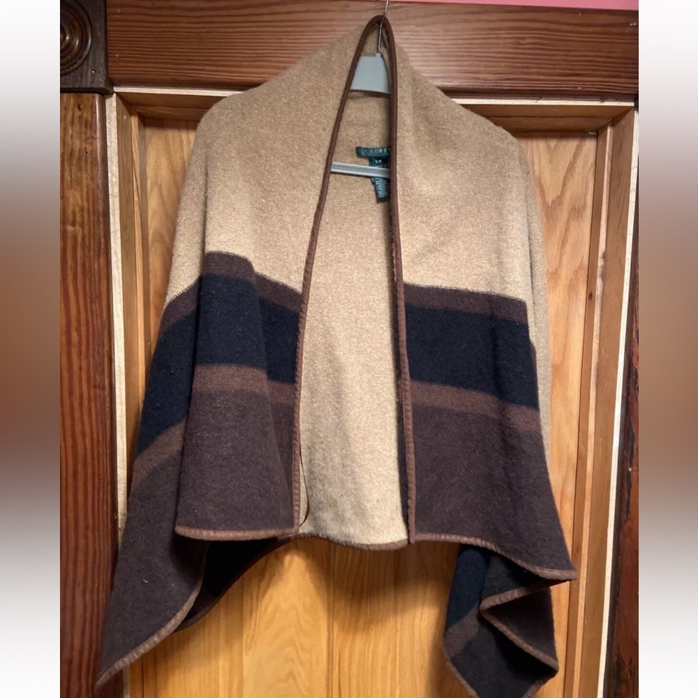 Lauren Ralph Lauren Wool Angora Blanket Sweater Brown Black S/M Cardigan Colorbl